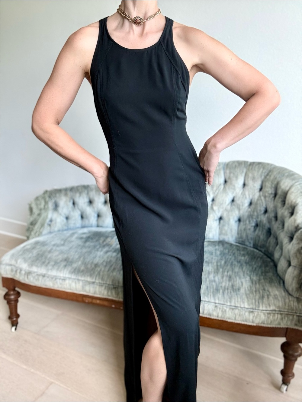 Long Black Open Back Dress Small Side Slit Vacation